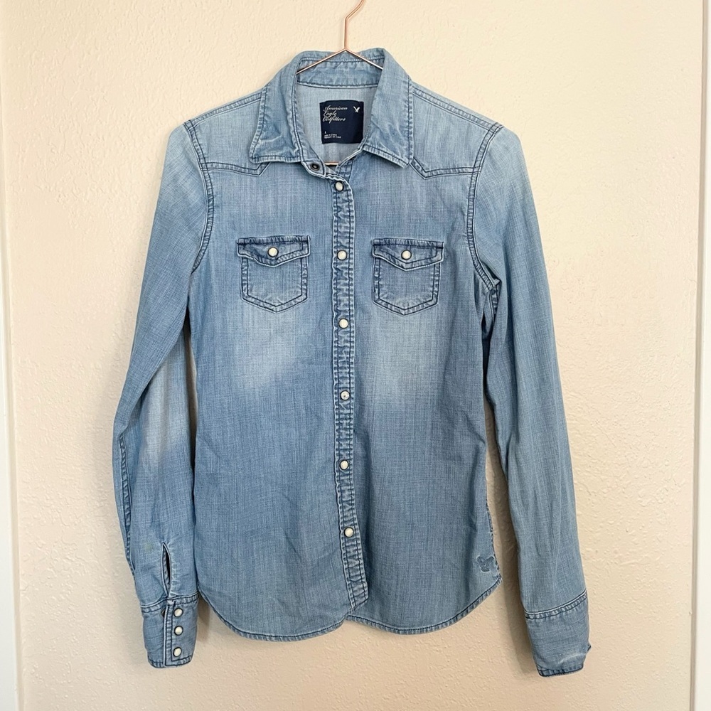 American Eagle Denim Chambray Snap Button Western Shirt Women’s 4 Boho Cowgirl